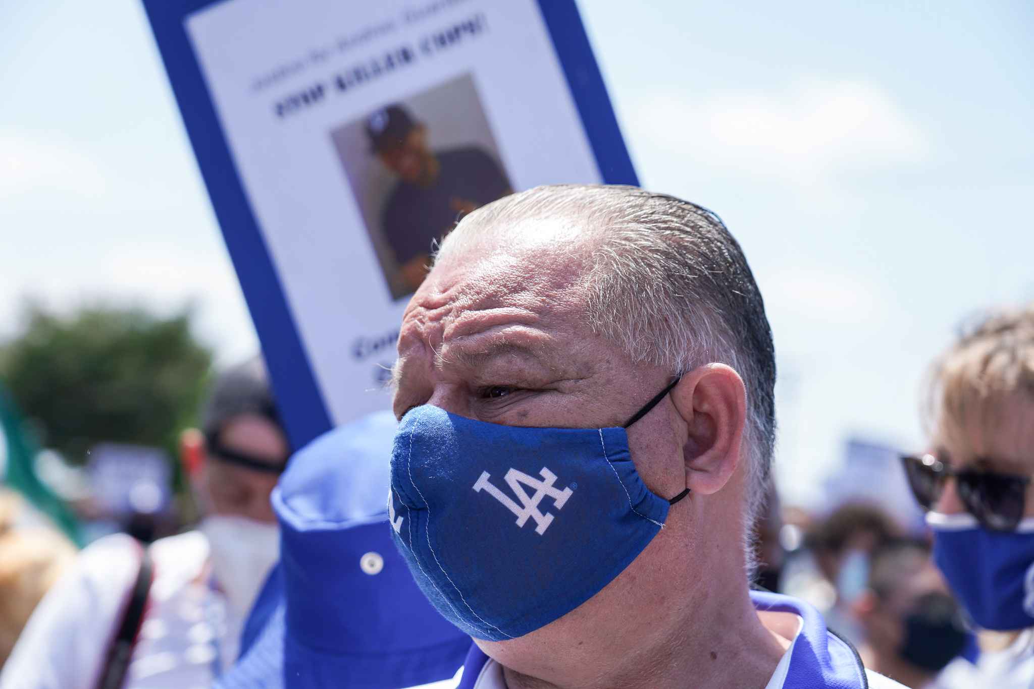 Cristobal Guardado, father of Andres Guardado, at the march and rally wearing an LA Dodgers mask, Andres's favorite baseball team. Photo: Francisco Lozano