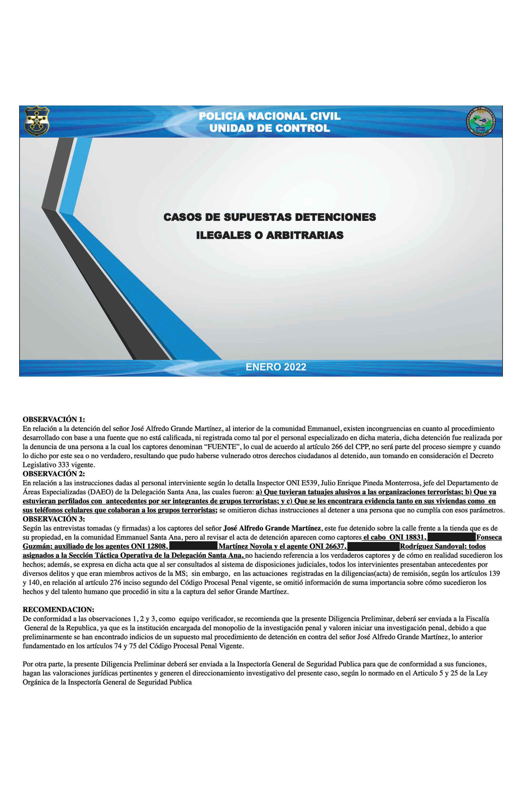 Arriba, la primera lámina de la presentación Power Point de circulación interna en la Policía. Abajo, la lámmina donde detallan las irregularidades y posibles ilegalidades cometidas en contra del señor Grande Martínez. 