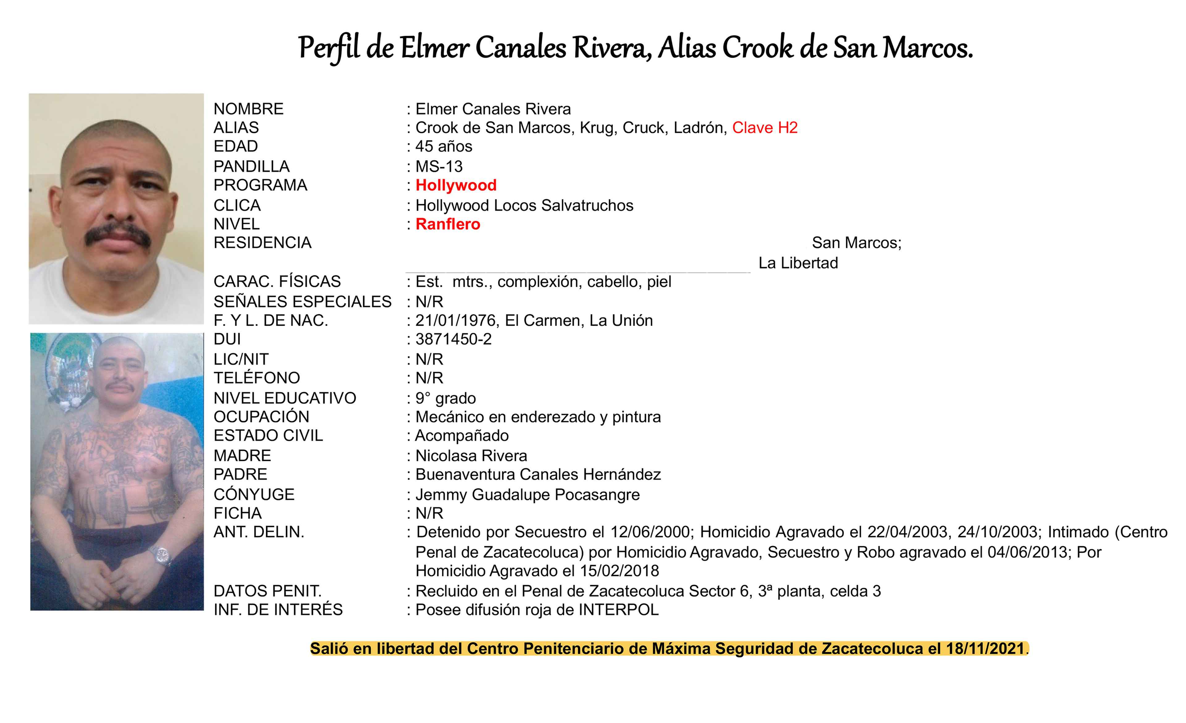In May 2022, the National Civil Police of El Salvador requested assistance from the Joint Border Intelligence Group in repatriating Crook, and adding that since his release from prison in November 2021 the police had obtained information that he was in Guatemala or Mexico. Photo Guacamaya Leaks/El Faro