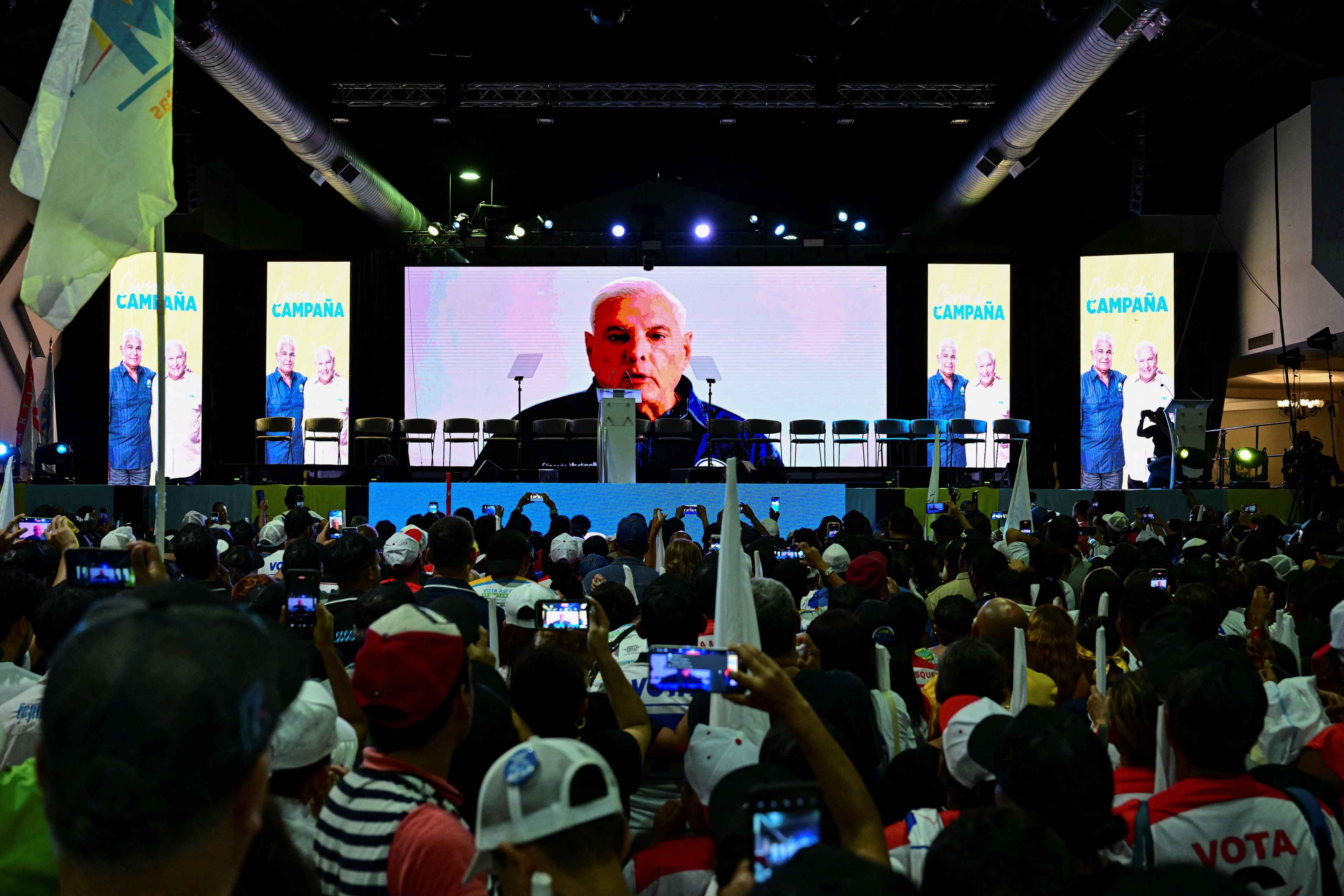 Panama's former president Ricardo Martinelli (2009-2014), who sought asylum at the Nicaraguan Embassy in Panama, gives an online speech in support of Panama's presidential candidate for his party's replacement candidate, José Raúl Mulino, during his campaign closing rally in Panama City on Apr. 28, 2024. Photo Martín Bernetti/AFP