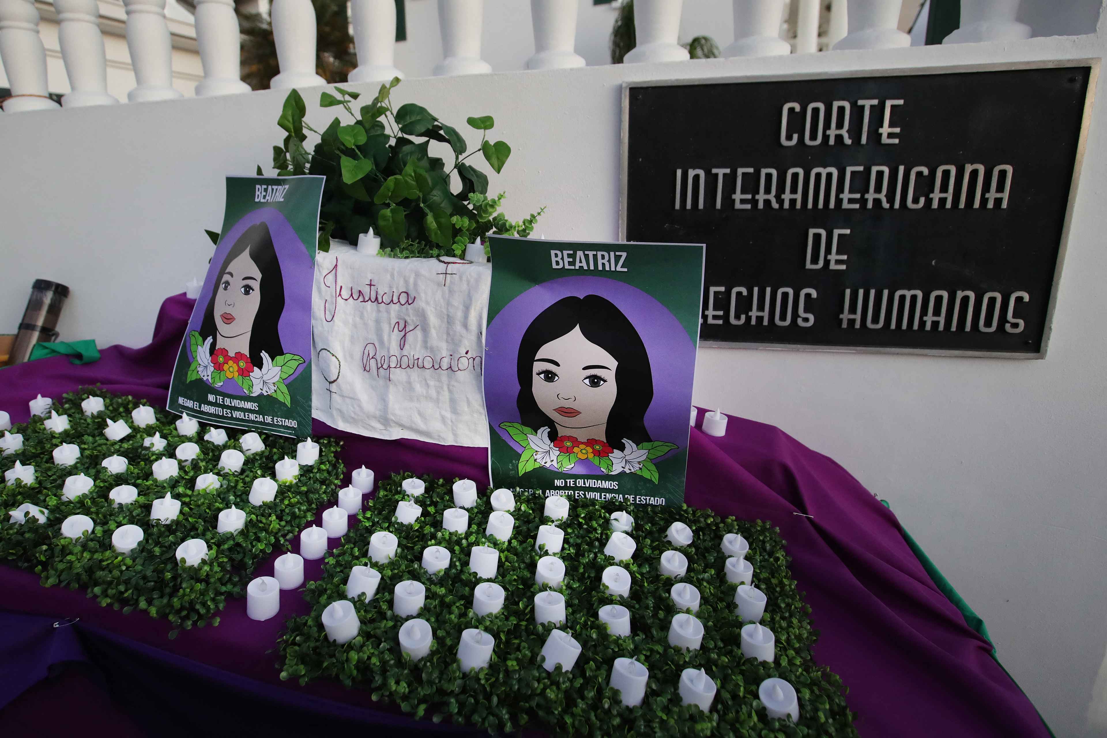 View of an altar during a vigil in memory of Beatriz prior to the hearing at the Inter-American Court of Human Rights (IACHR) taking El Salvador to task for denying her an abortion despite doctors knowing she was carrying a non-viable fetus at great risk to herself, outside the IACHR in San José, on Mar. 21, 2023. Photo John Duran/AFP