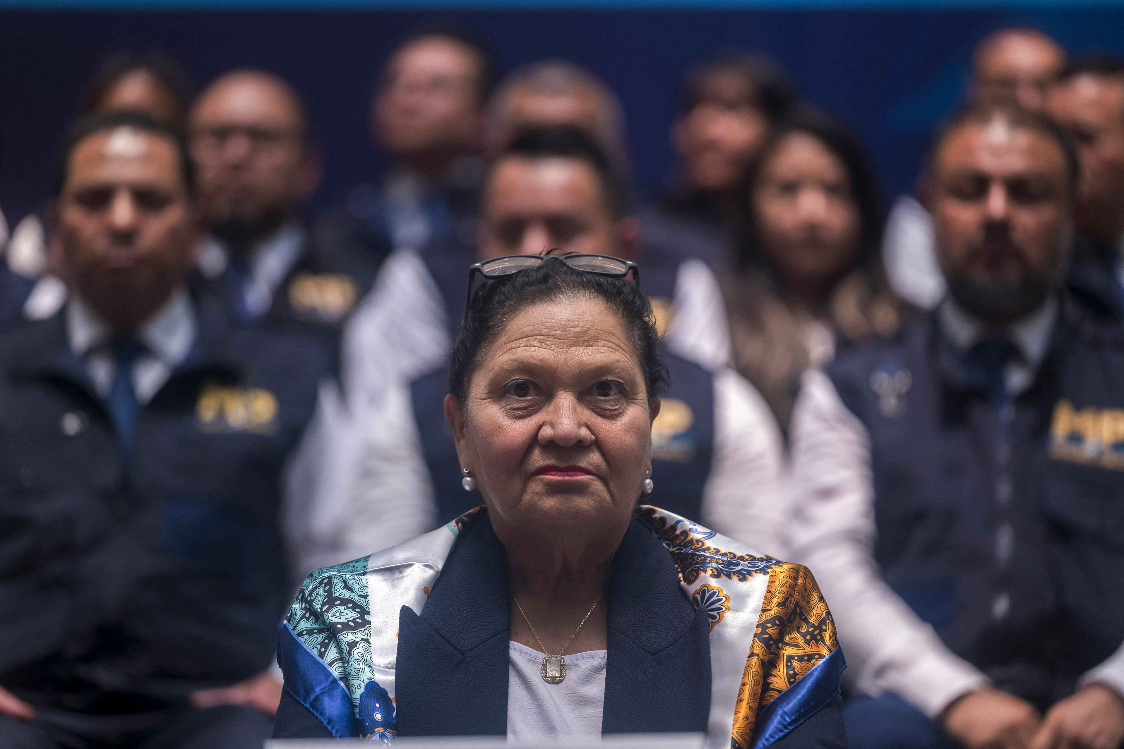 Guatemalan Attorney General Consuelo Porras attends a press conference at the Public Prosecutor's Office building in Guatemala City on May 7, 2024. President Bernardo Arevalo headed to Congress on May 6 to present legal reforms that would allow the removal of Porras, whom he accuses of plotting to oust him. Porras, who is under U.S. and E.U. sanctions for corruption, was appointed by Arévalo's predecessor and led efforts to have the newcomer's election victory overturned. Her mandate runs until May 2026. Photo Edwin Bercian/AFP