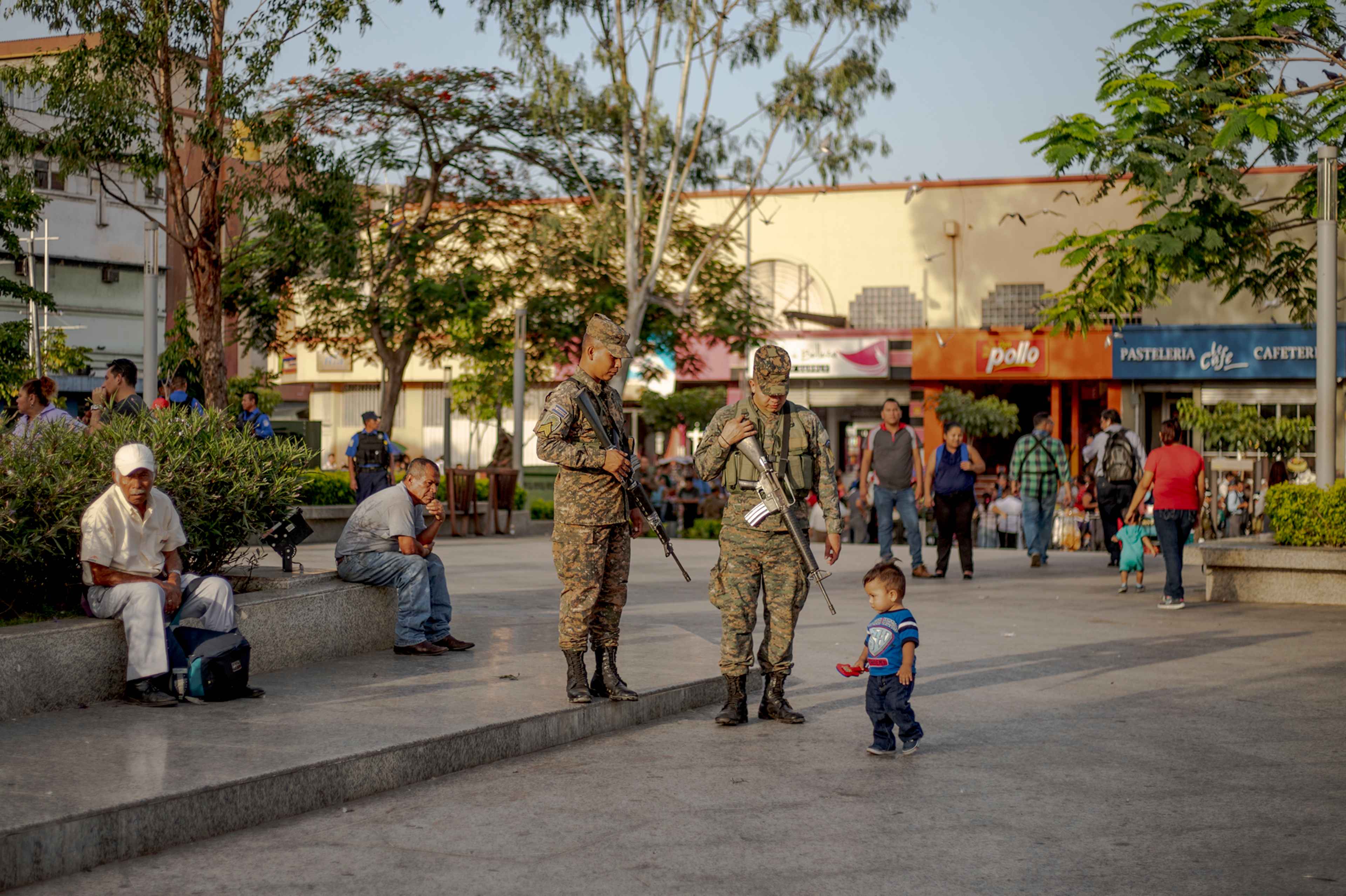 Soldiers in Gerardo Barrios Plaza in San Salvador on July 29, 2019, after President Nayib Bukele swore-in 1,160 new soldiers and tasked them to work on his Territorial Control Plan. Photo Fred Ramos