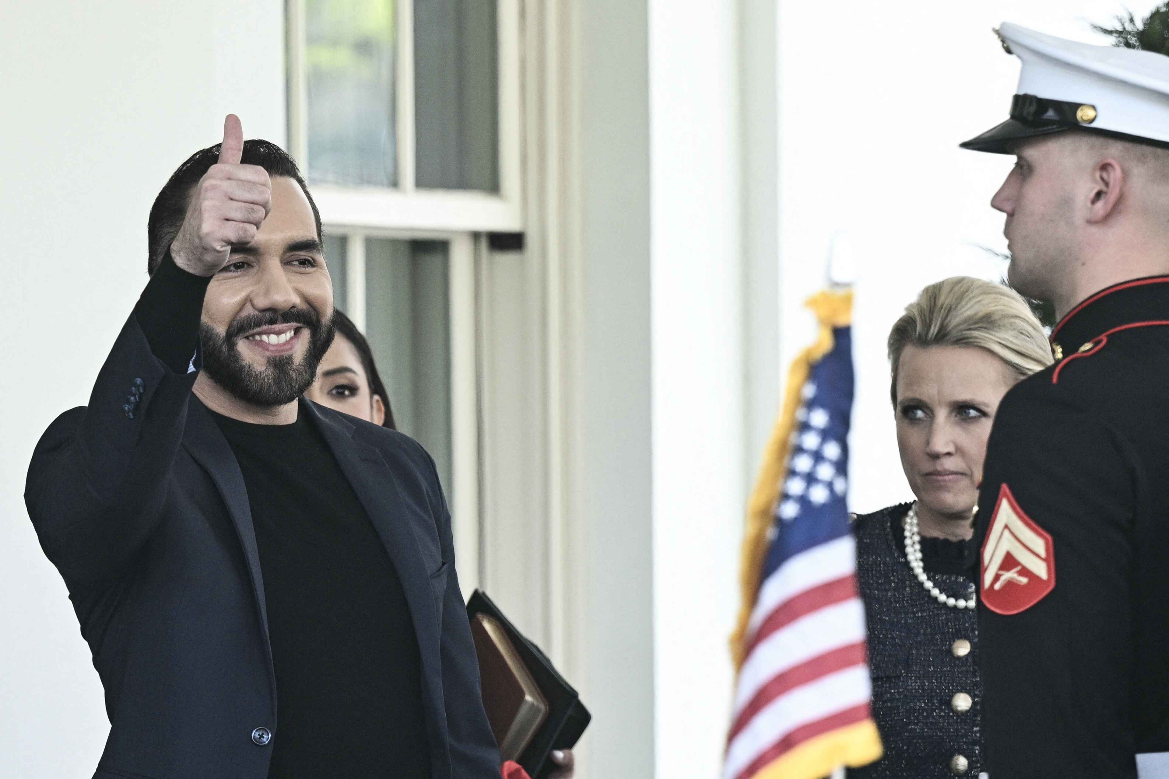 Salvadoran President Nayib Bukele gives a thumbs up as he departs after meeting with U.S. President Donald Trump at the White House in Washington, D.C., Apr. 14, 2025. Photo Brendan Smialowski/AFP